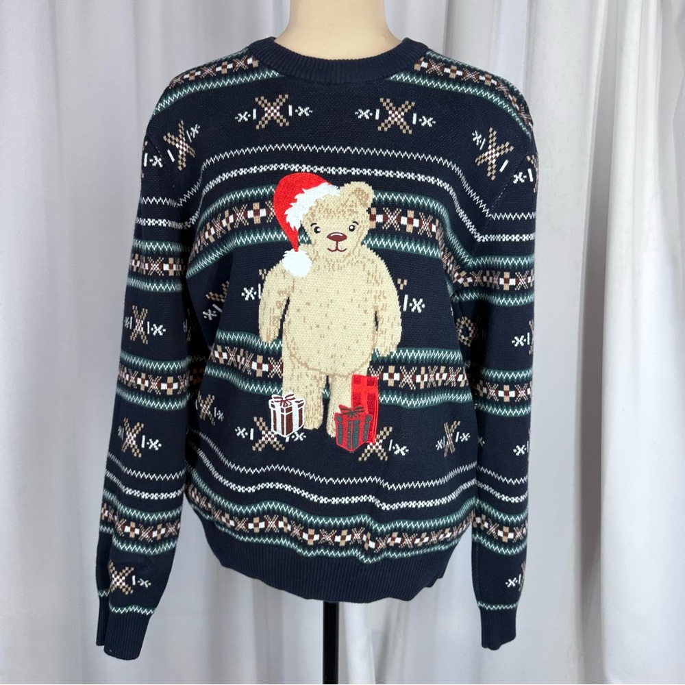 Denim & Flower Ricky Singh Christmas Bear Knit Crewneck Sweater Size L NWOT